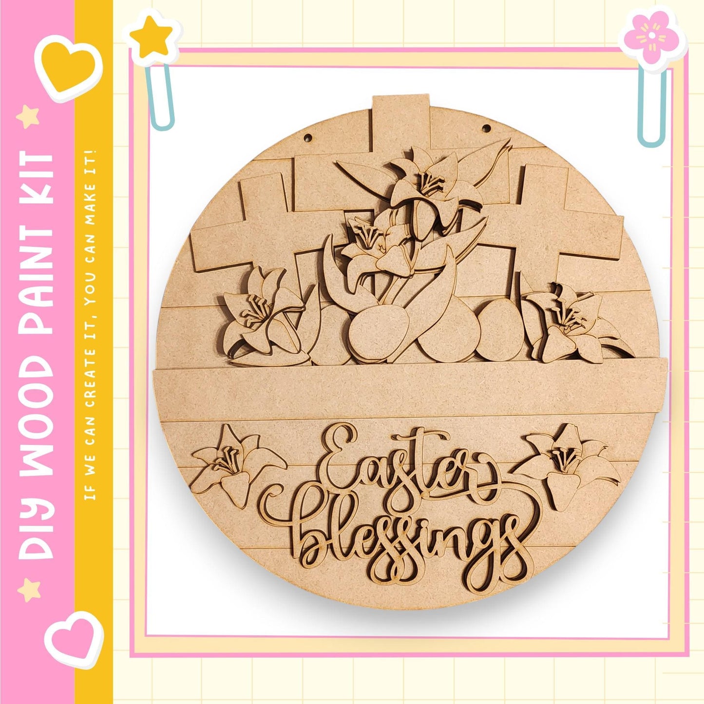 The image is a wooden Easter-themed decoration kit featuring a circular wooden plaque with a cross and floral designs. The plaque has the text "Easter Blessings" written on it.
