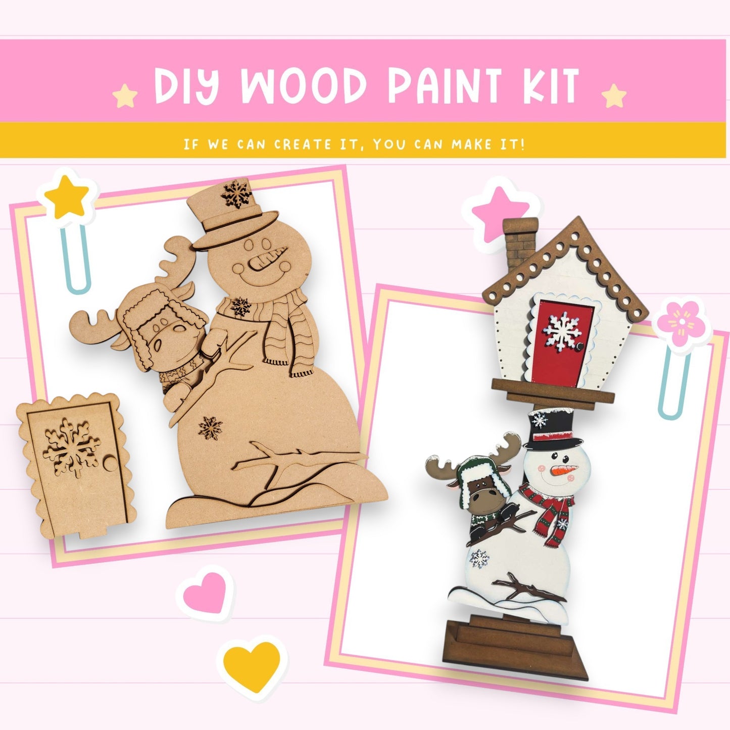 a wooden craft kit with a snowman and a house