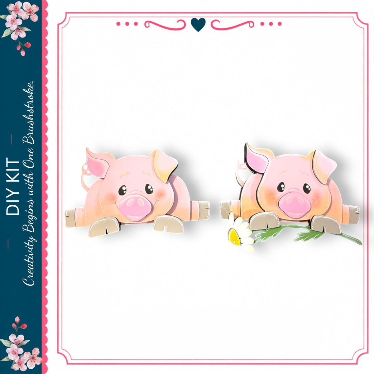 two cute pink pigs sitting on the ground, one holding a flower.