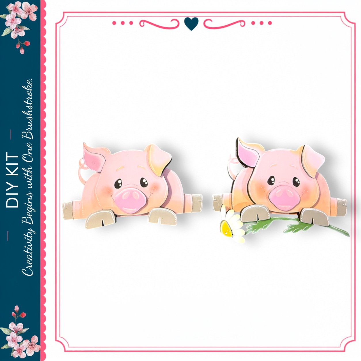 two cute pink pigs sitting on the ground, one holding a flower.