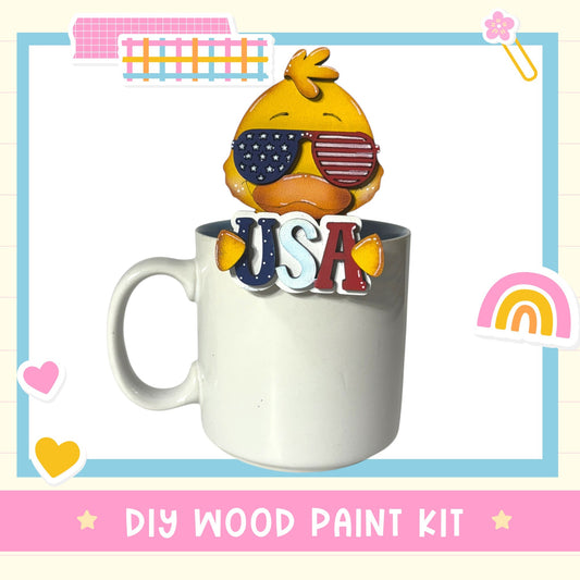 A mug with a cartoon duck wearing sunglasses and holding a sign that says "USA" in the center of the image.