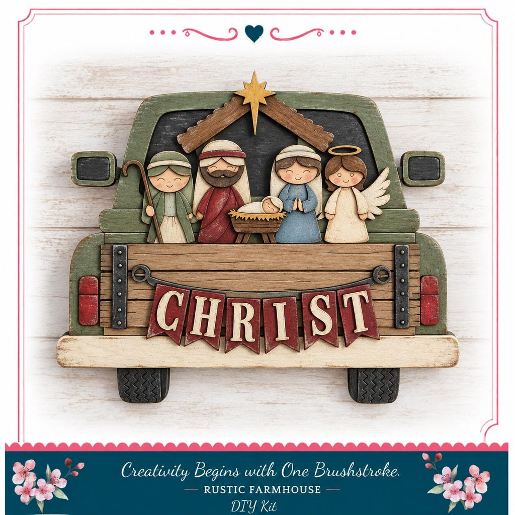 A wooden nativity scene with a car, featuring a man, a woman, and two angels, with the word "CHRIST" displayed on the back of the car.