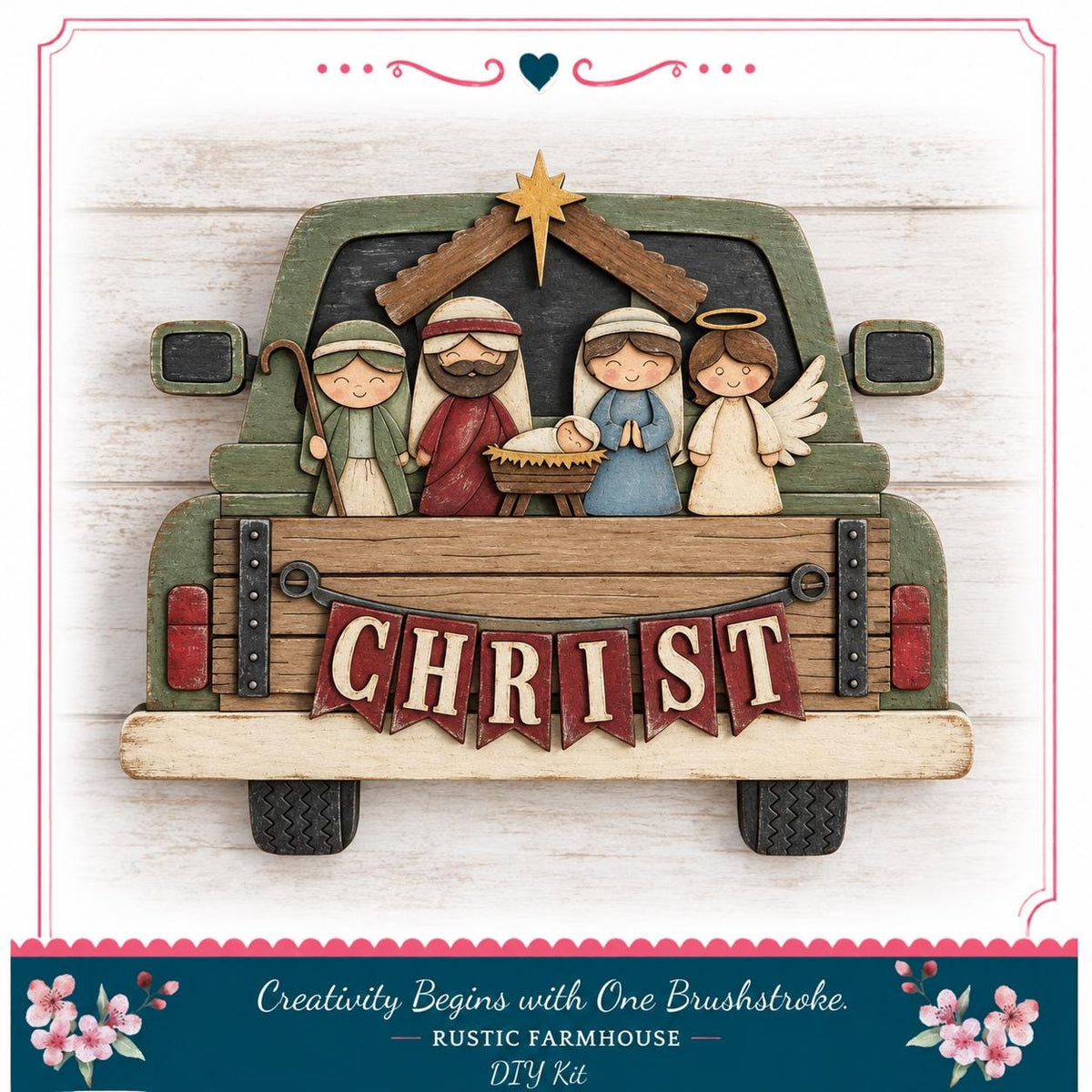 A wooden nativity scene with a car, featuring a man, a woman, and two angels, with the word "CHRIST" displayed on the back of the car.