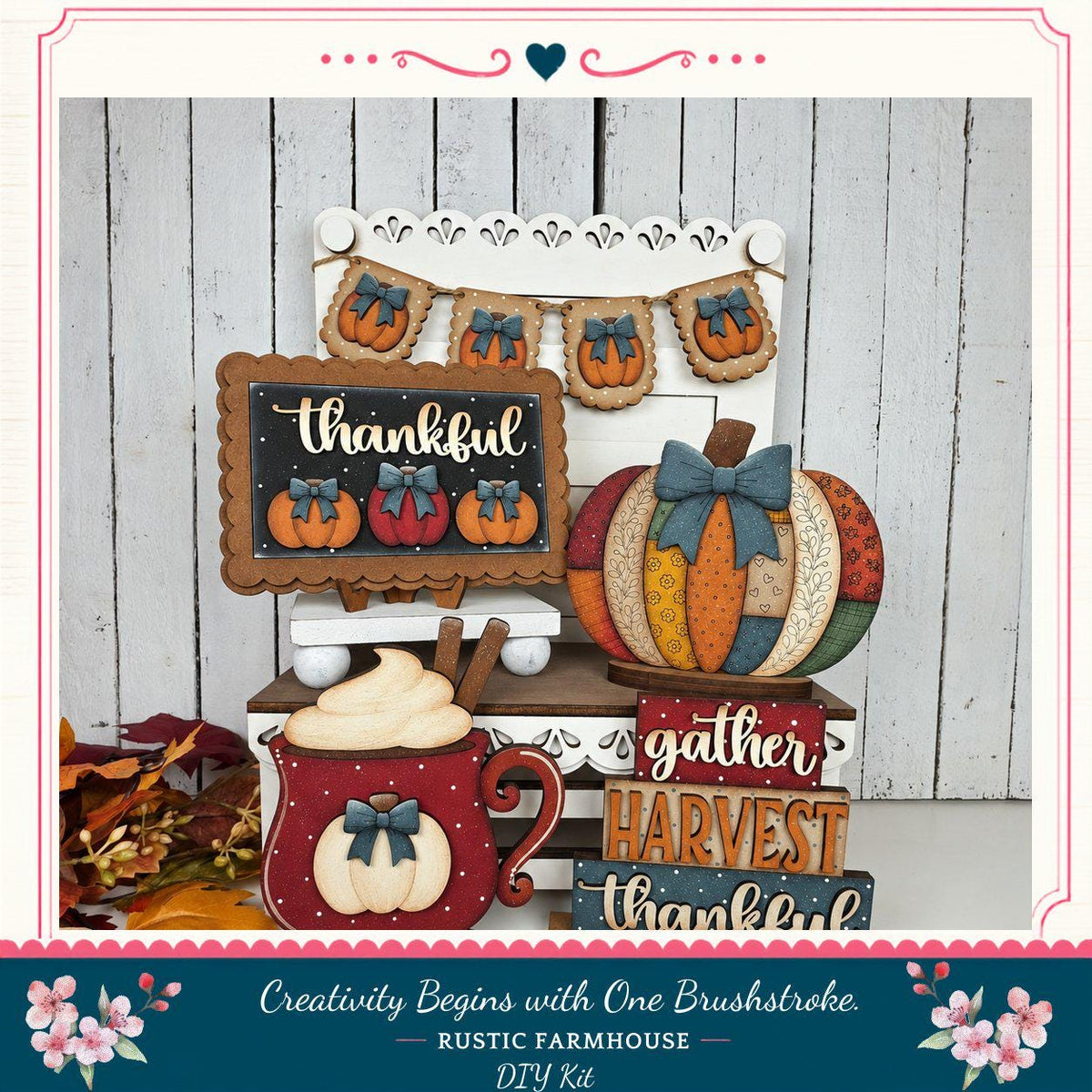 A rustic farmhouse-style DIY kit featuring a variety of fall-themed decorations, including a pumpkin-shaped sign, a pumpkin-shaped mug, and a pumpkin-shaped banner.