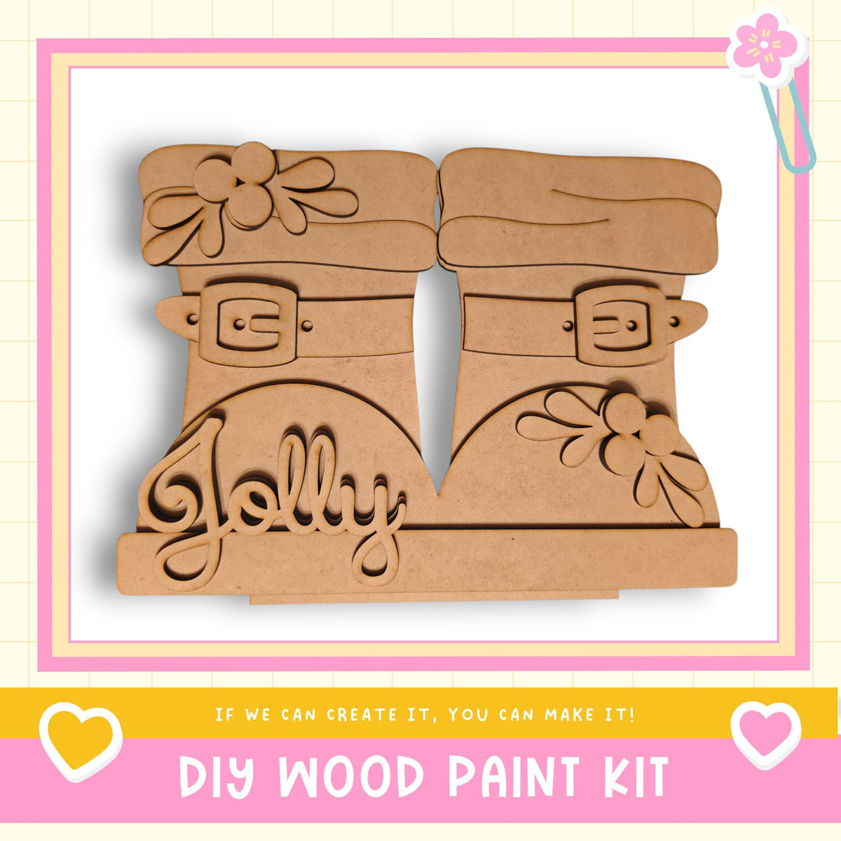 A DIY wood paint kit featuring a pair of wooden boots with the word "Jolly" carved into them.