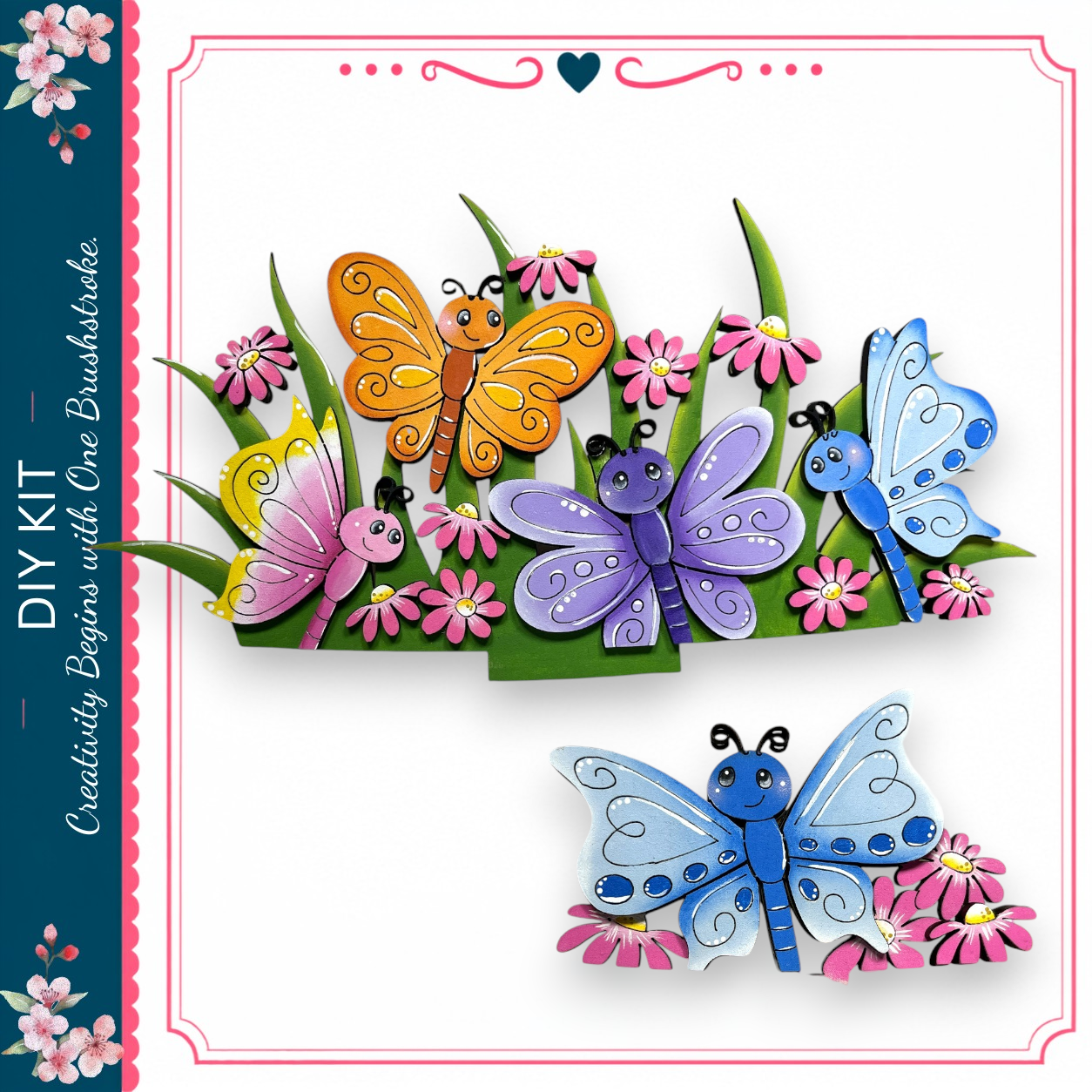 a colorful arrangement of butterflies and flowers, with various shades of blue, pink, and orange butterflies surrounded by pink and purple flowers.