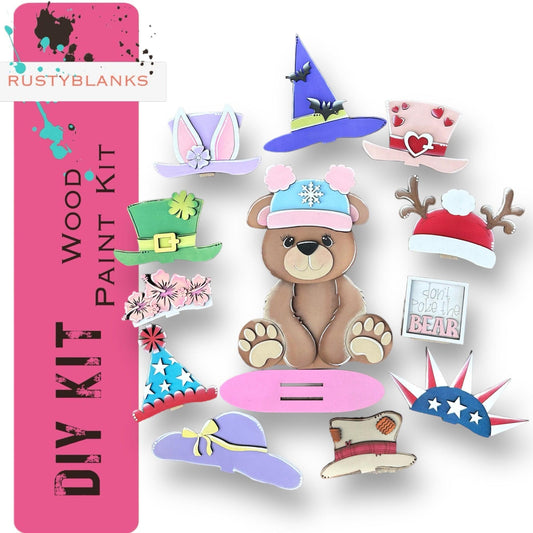 Bear Interchangeable Animal with 13 Interchangeable Seasonal Hats, Insert and tile holder, Season DIY Decor - RusticFarmhouseDecor