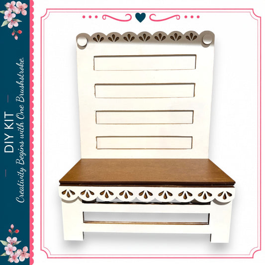 a white wooden chair with a brown seat and decorative trim.