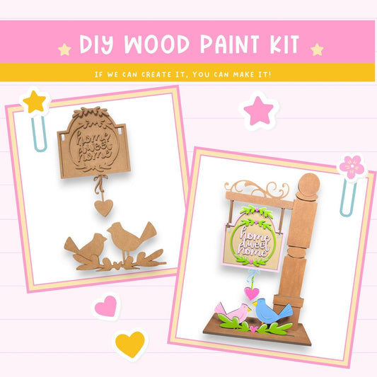 a wooden craft kit with two pictures of birds