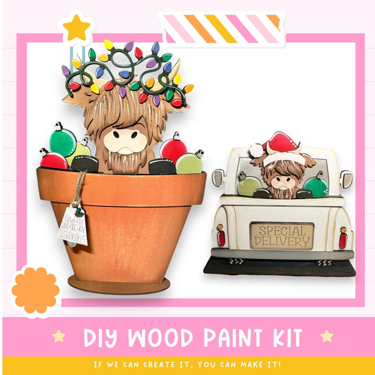 a DIY wood paint kit for creating a Christmas-themed ceramic pot with a wooden cow and a white truck with a Santa Claus figure.