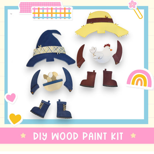 a wooden craft kit with a picture of a hat, boots, and a rainbow