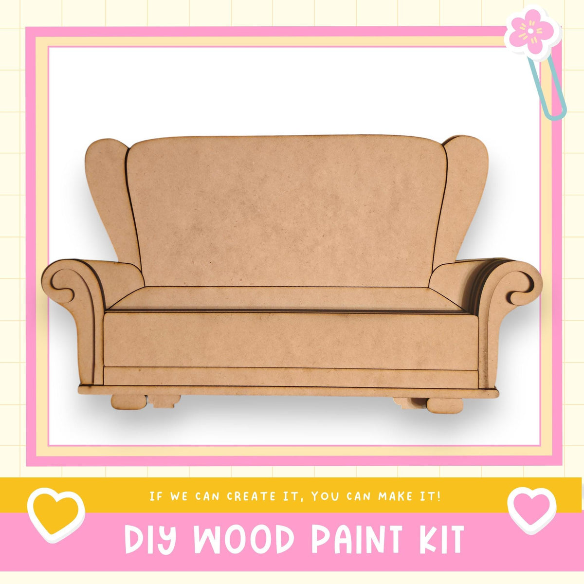a DIY wood paint kit, with a wooden chair or couch as the main focus. The kit appears to be made of wood and is designed for creating wooden furniture or other wooden projects.