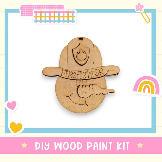 a DIY wood paint kit for creating a firefighter-themed decoration, including a wooden firefighter helmet and other related items.