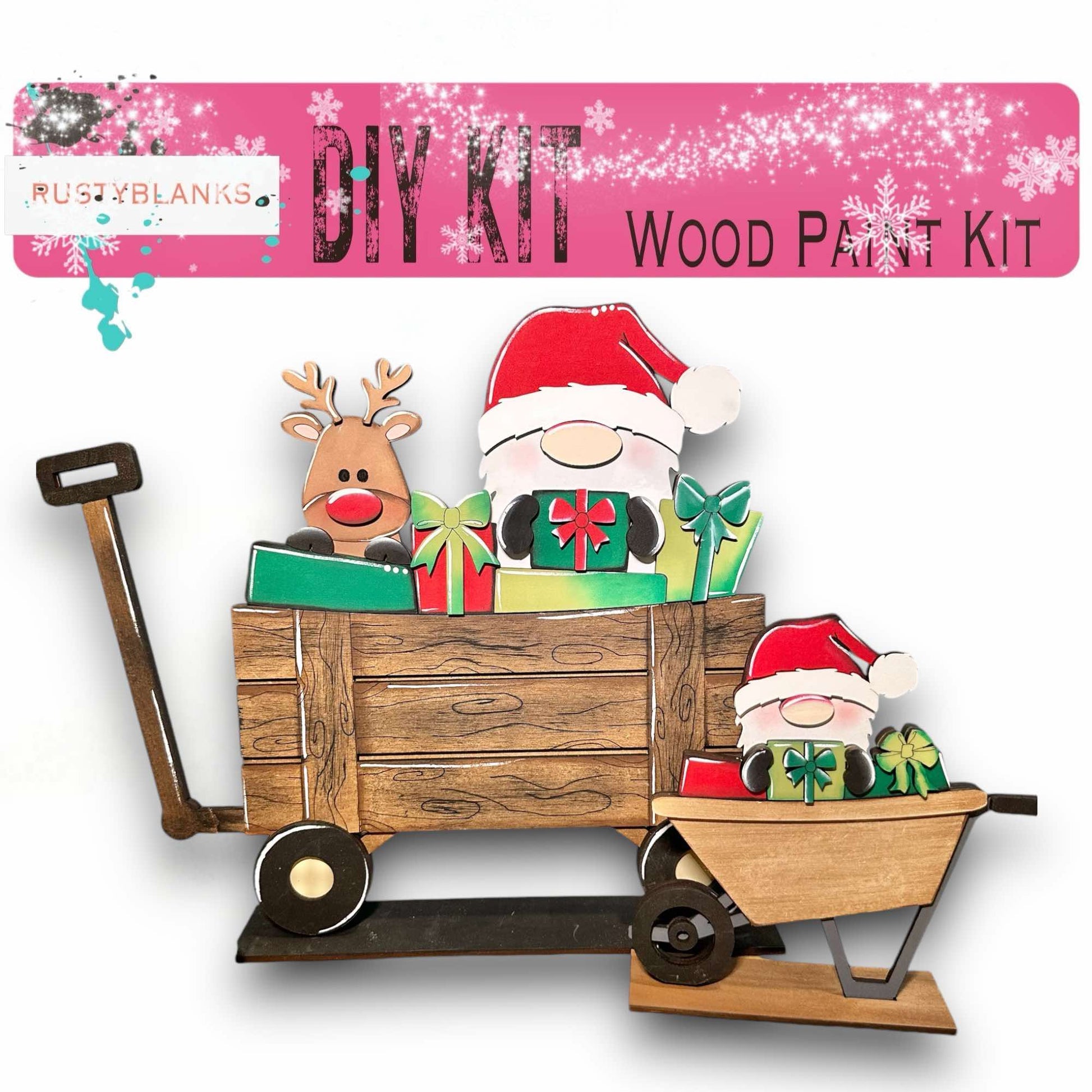 a wooden cart with a santa clause and reindeers in it