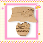 a wooden cutout of a hat and a basket
