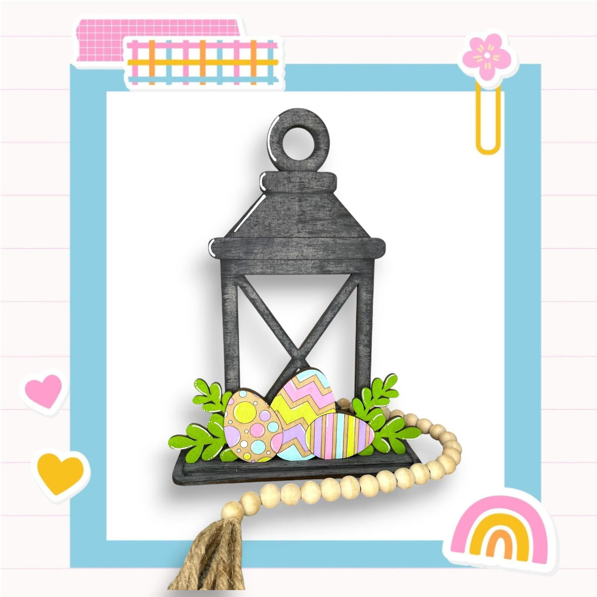 an easter card with a lantern and eggs