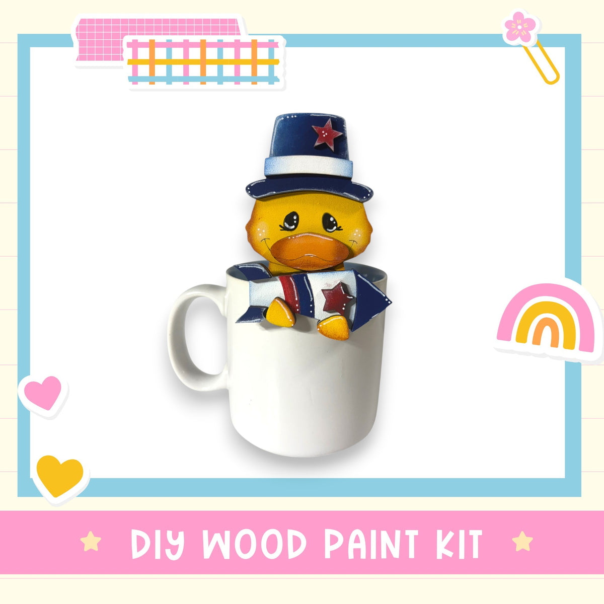 A ceramic mug with a yellow duck wearing a hat and holding a rocket ship, surrounded by various colorful stickers and a rainbow-colored arc.