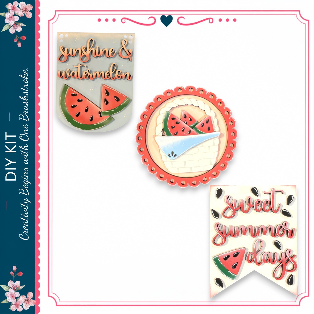 three decorative elements related to summer, including a sign with the words "sunshine & watermelon", a basket filled with watermelon slices, and a banner with the words "sweet summer always".