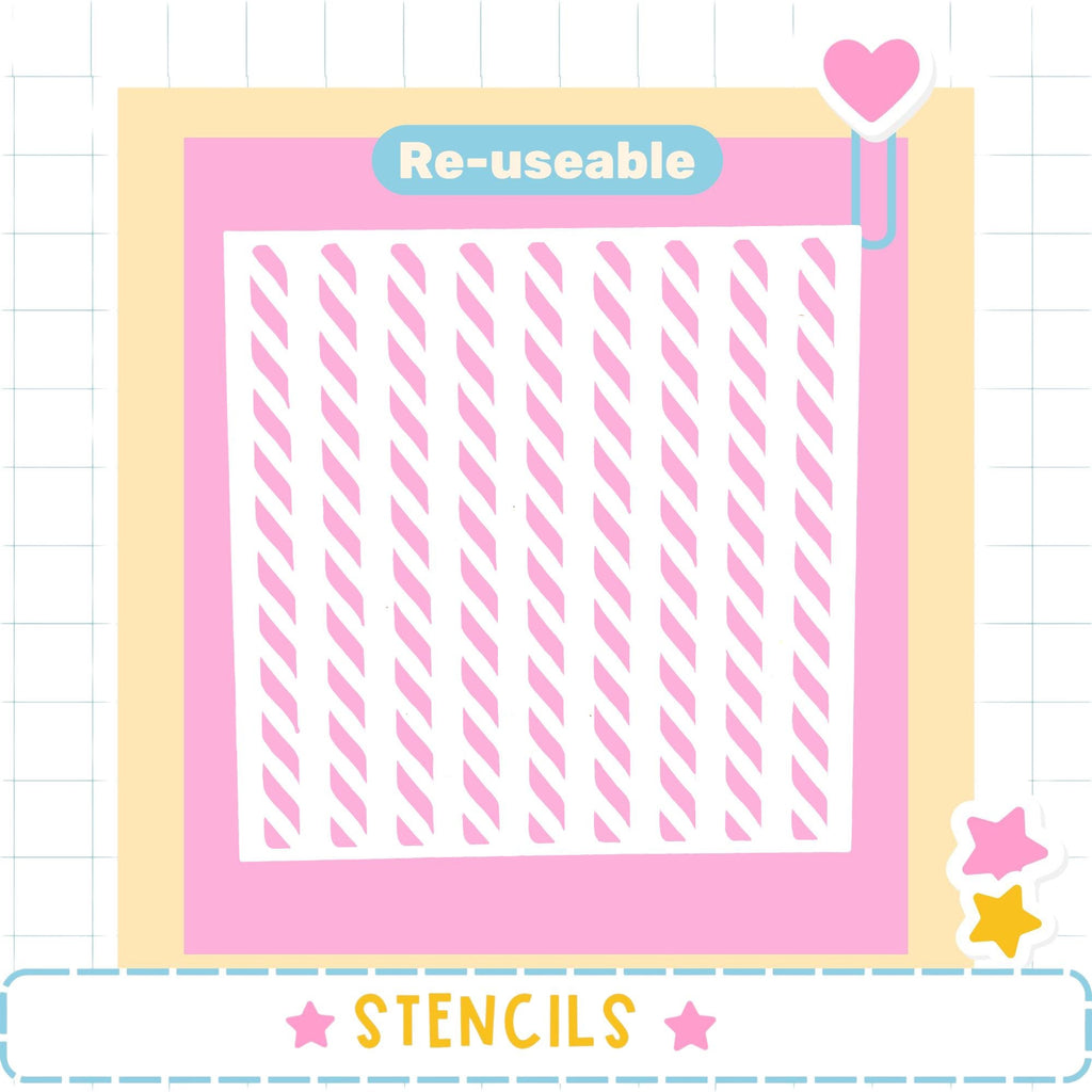 The image is a pink and white design with a heart-shaped sticker on the top right corner. The word "Re-useable" is displayed above the design, and the word "STENCILS" is written at the bottom of the image.