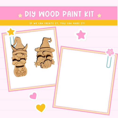 The image is a DIY wood paint kit advertisement featuring two wooden gnome-like figures and a blank space for creating custom designs.