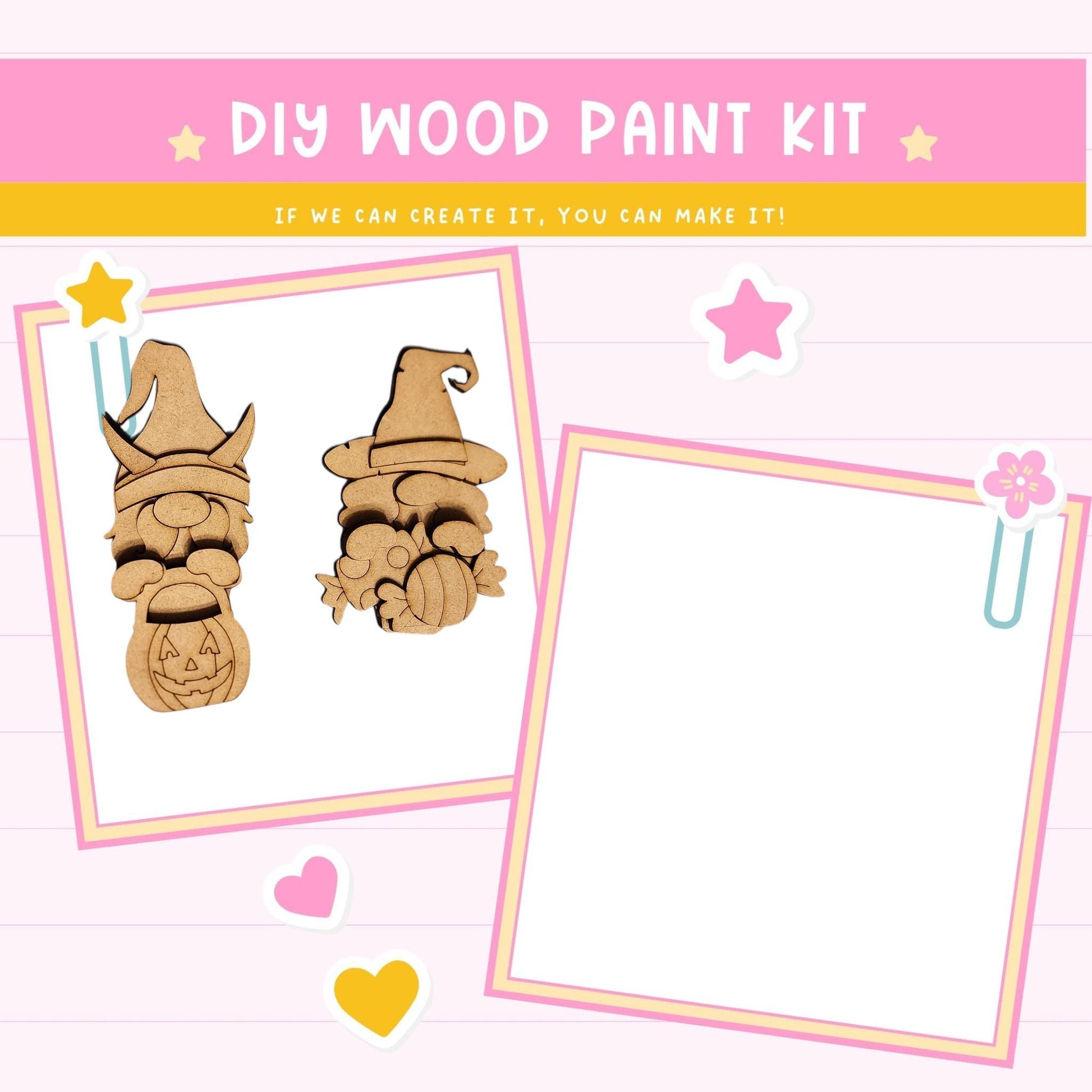 The image is a DIY wood paint kit advertisement featuring two wooden gnome-like figures and a blank space for creating custom designs.