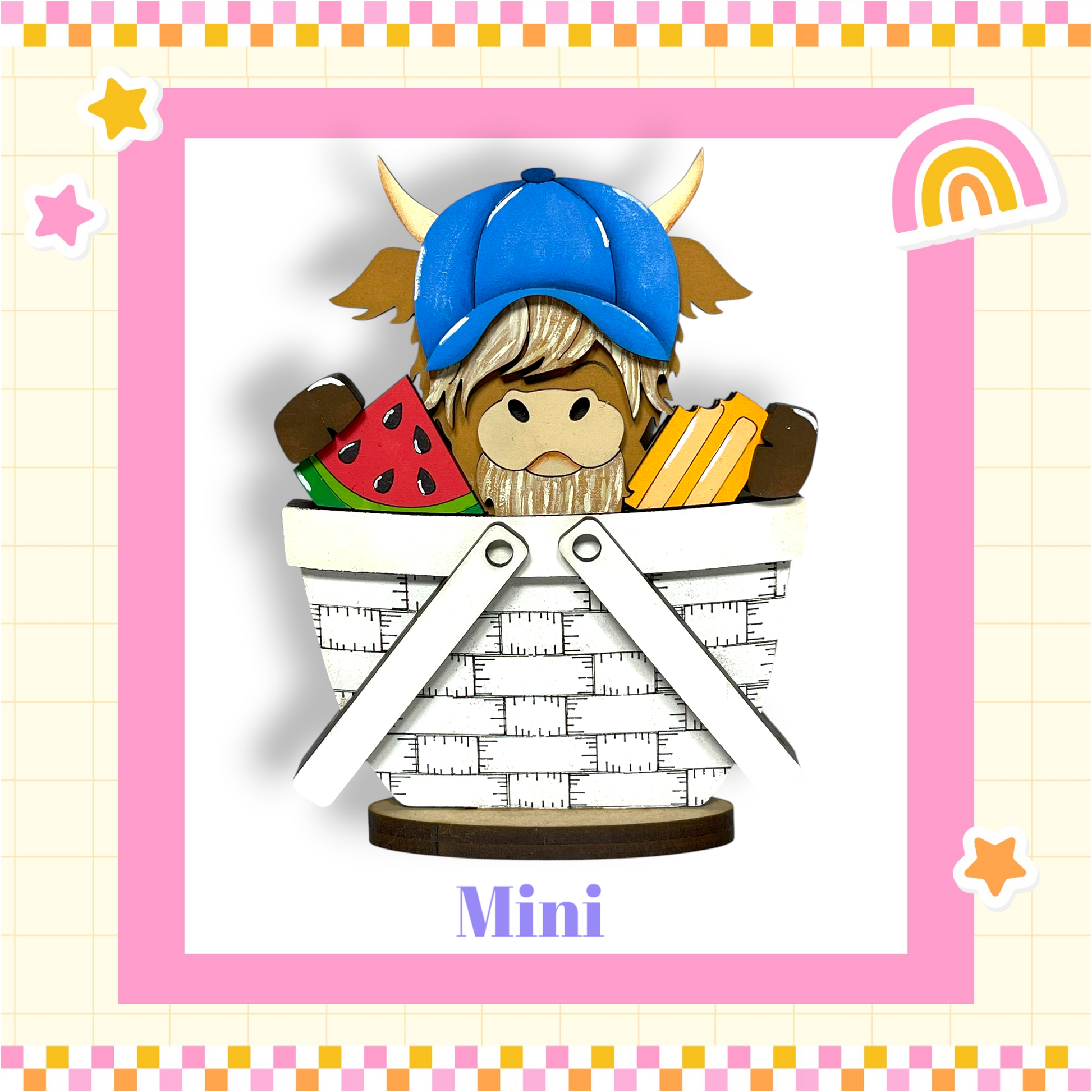 A cartoon cow wearing a blue hat and holding a basket filled with various food items, including watermelon, a sandwich, and a cake.