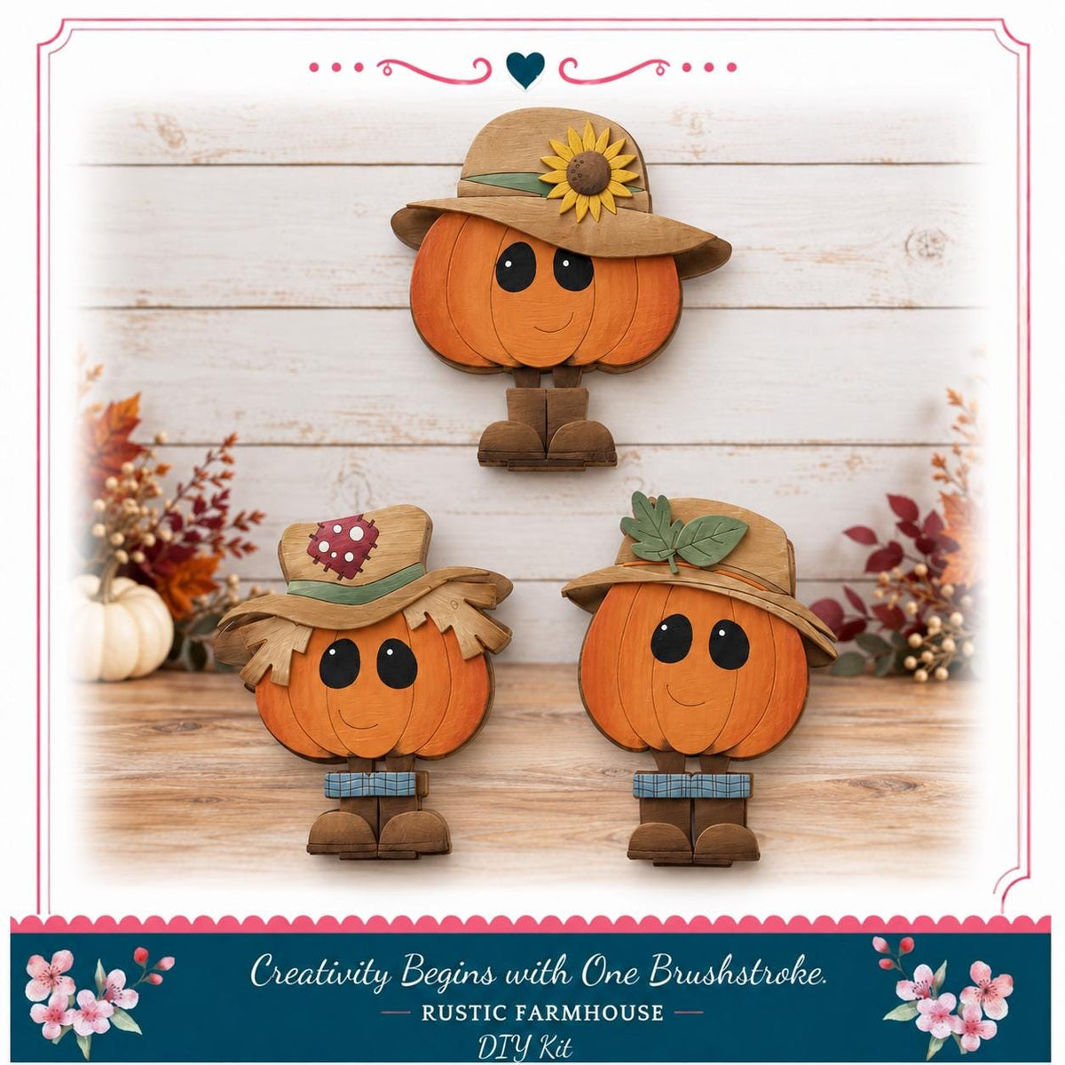 three wooden pumpkins with faces, each wearing a hat, arranged on a wooden surface against a white background.