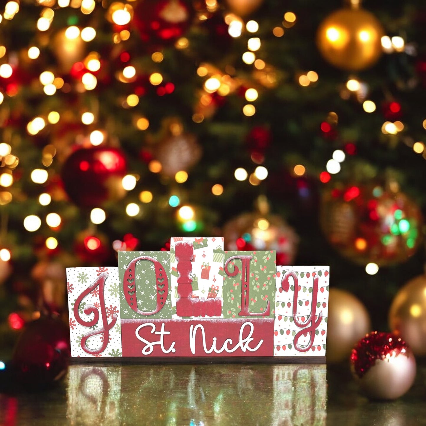 a wooden block that says golf st nick in front of a christmas tree