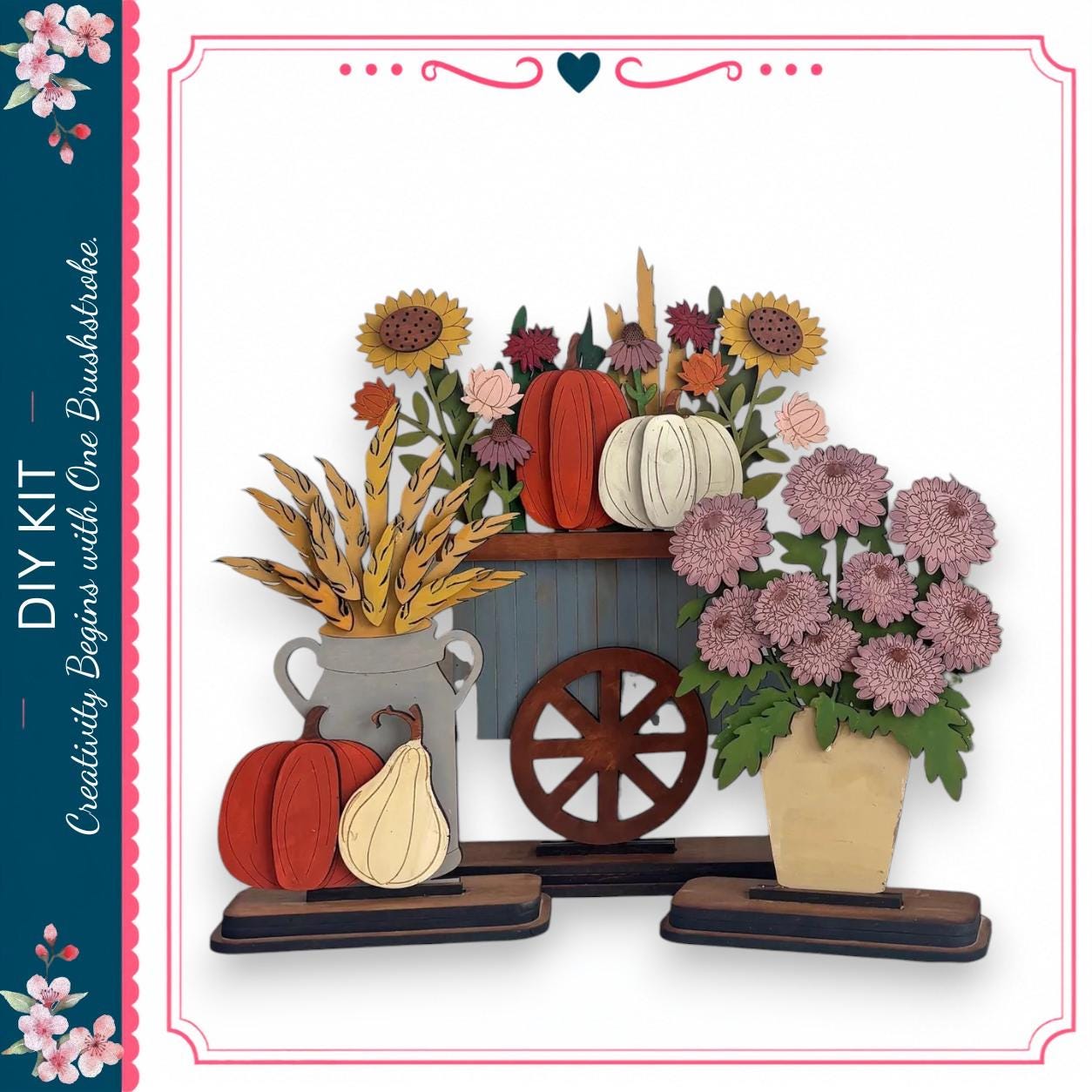 a DIY kit with a wooden wagon and various fall-themed decorations, including pumpkins, sunflowers, and chrysanthemums.