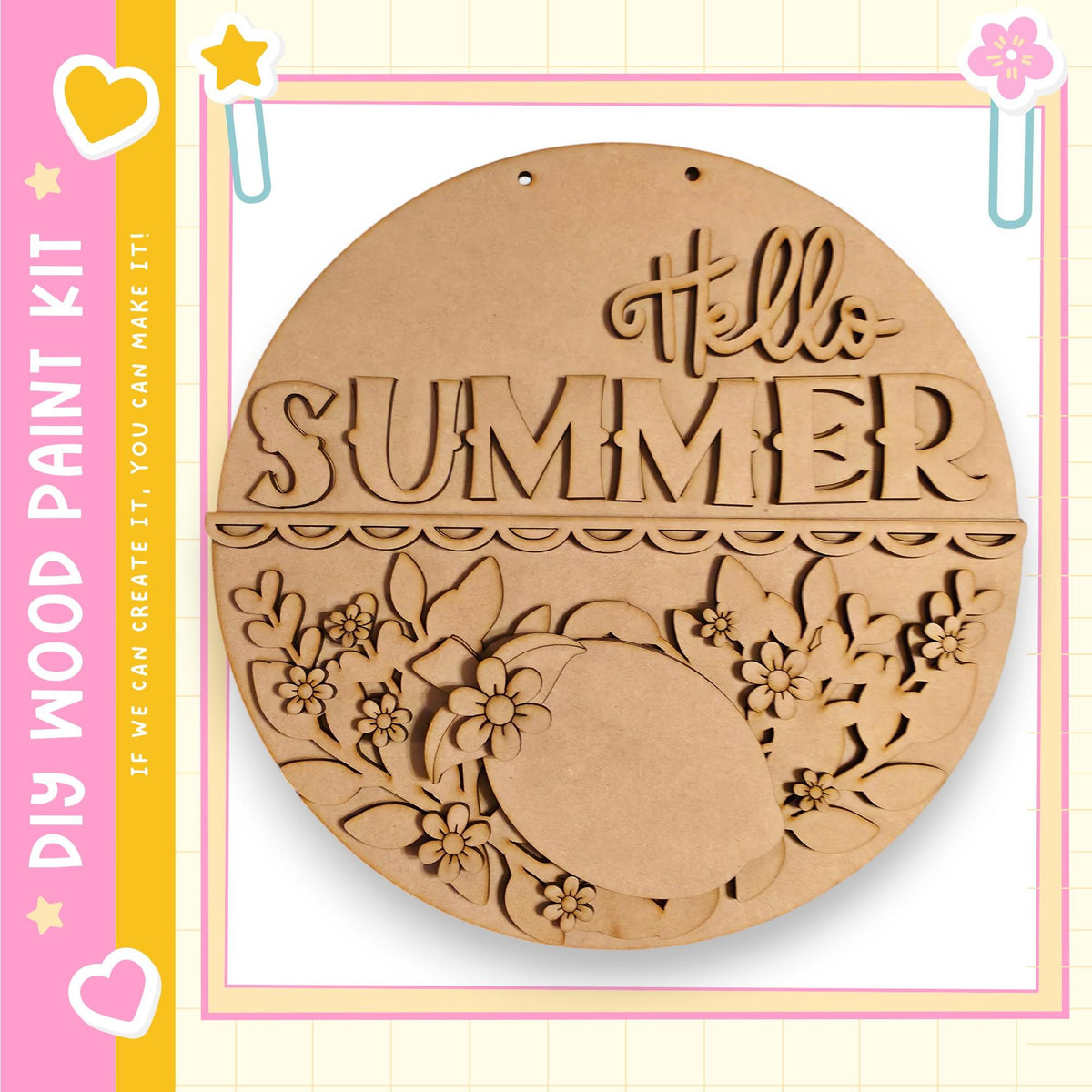 a wooden sign with the text "Hello Summer" carved into it, surrounded by floral designs.