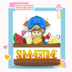 A cartoon cow wearing a blue hat and holding a slice of watermelon, surrounded by various summer-themed objects such as a lemon, a popsicle, and a rainbow.
