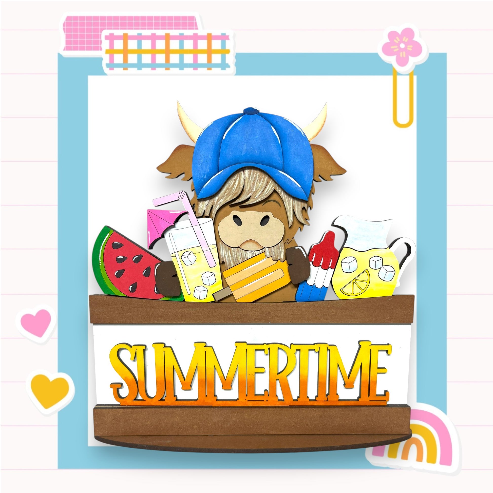A cartoon cow wearing a blue hat and holding a slice of watermelon, surrounded by various summer-themed objects such as a lemon, a popsicle, and a rainbow.