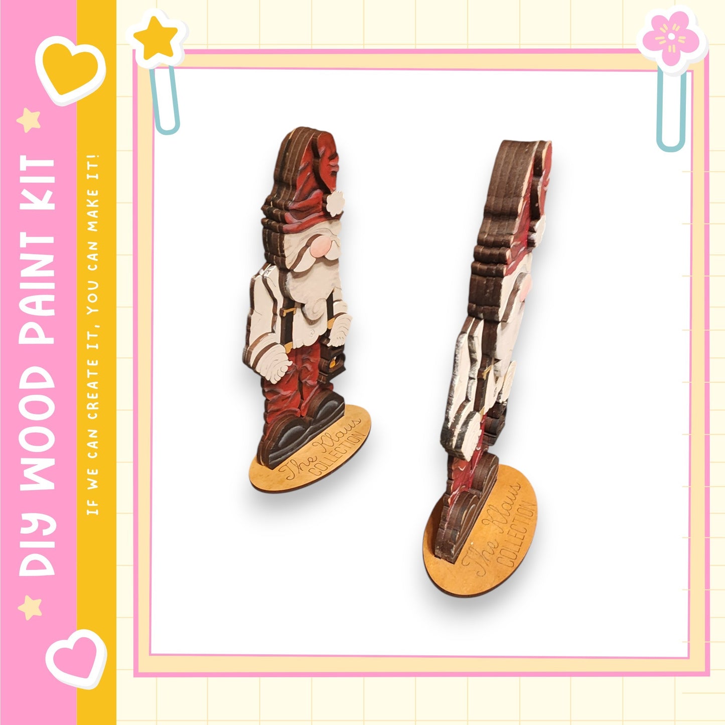 two wooden figurines, one of a man and one of a woman, standing on a wooden base.
