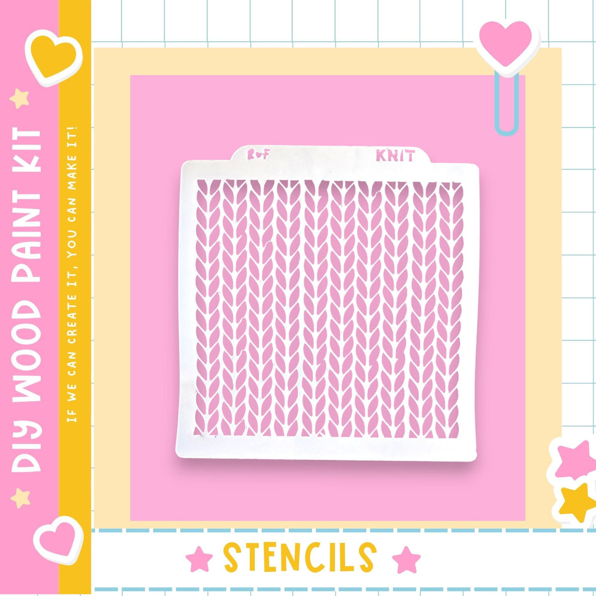 a DIY wood paint kit with a pink background and a white stencil with a knit pattern.
