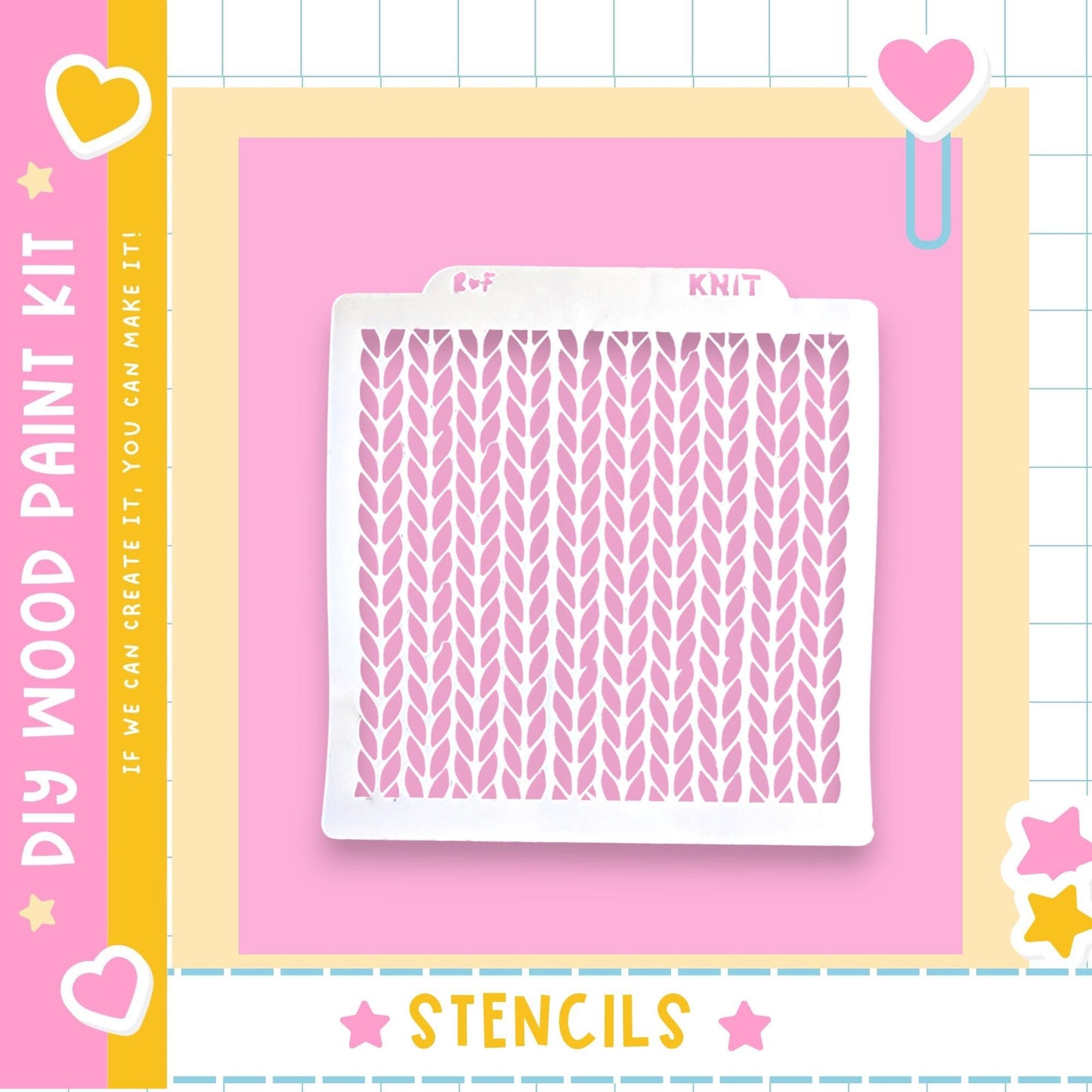 a DIY wood paint kit with a pink background and a white stencil with a knit pattern.