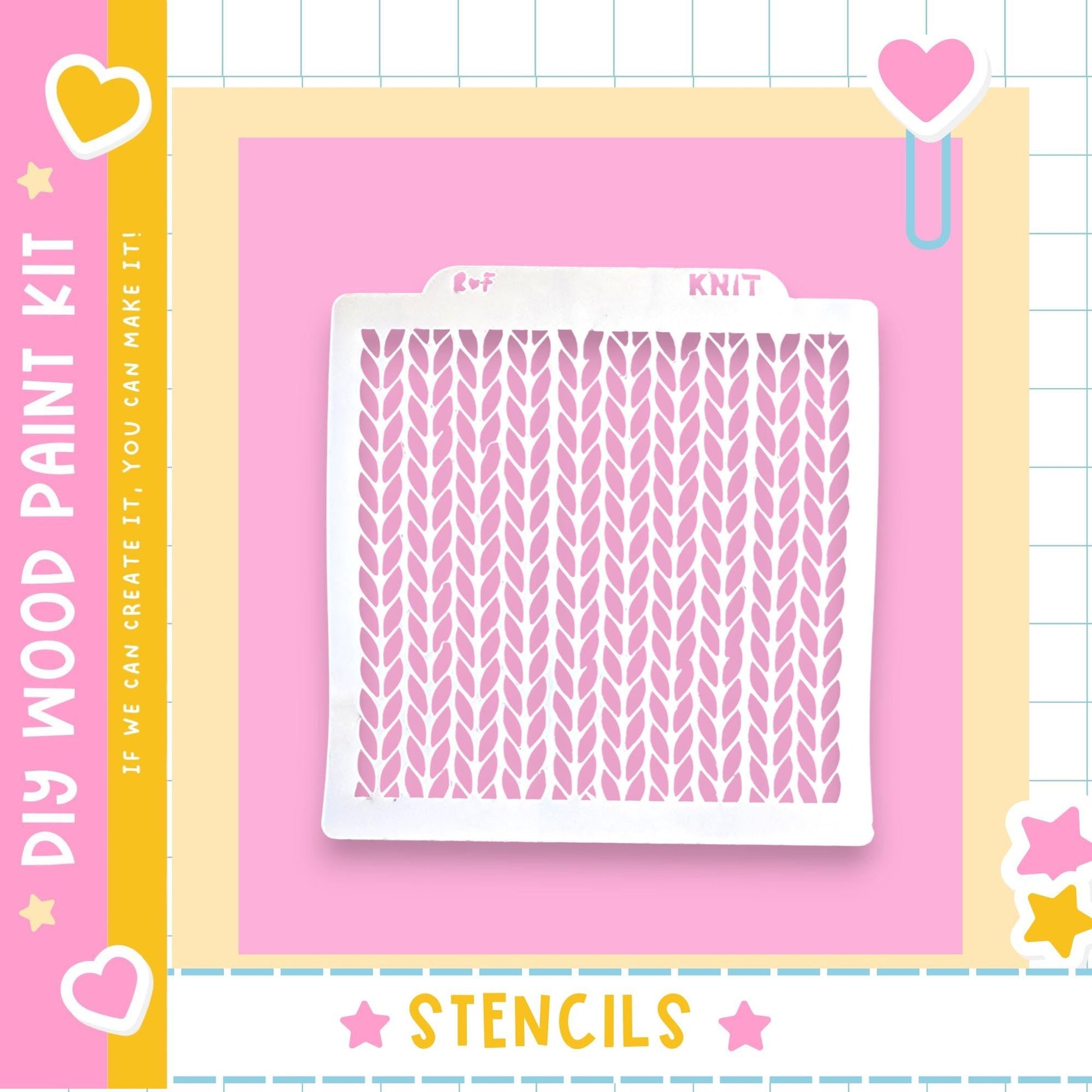 a DIY wood paint kit with a pink background and a white stencil with a knit pattern.
