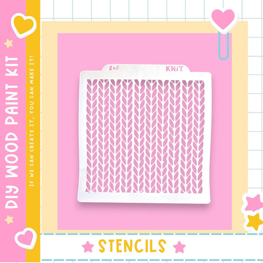 a DIY wood paint kit with a pink background and a white stencil with a knit pattern.