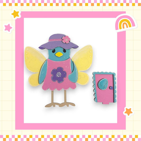 a picture of a bird with a hat and dress