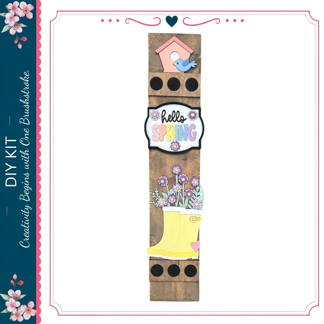 a vertical wooden sign with various decorative elements, including a birdhouse, flowers, and a yellow rain boot. The sign has a "Hello Spring" sign on it, indicating the arrival of spring.