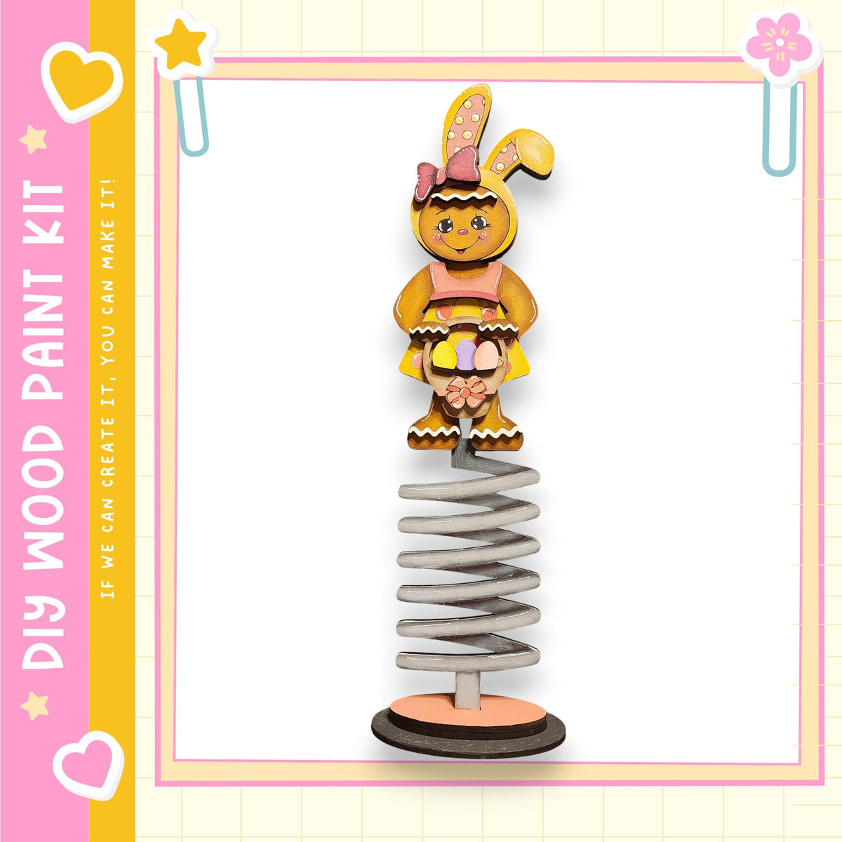 A wooden Easter bunny decoration with a spring-like structure, featuring a yellow and pink color scheme.