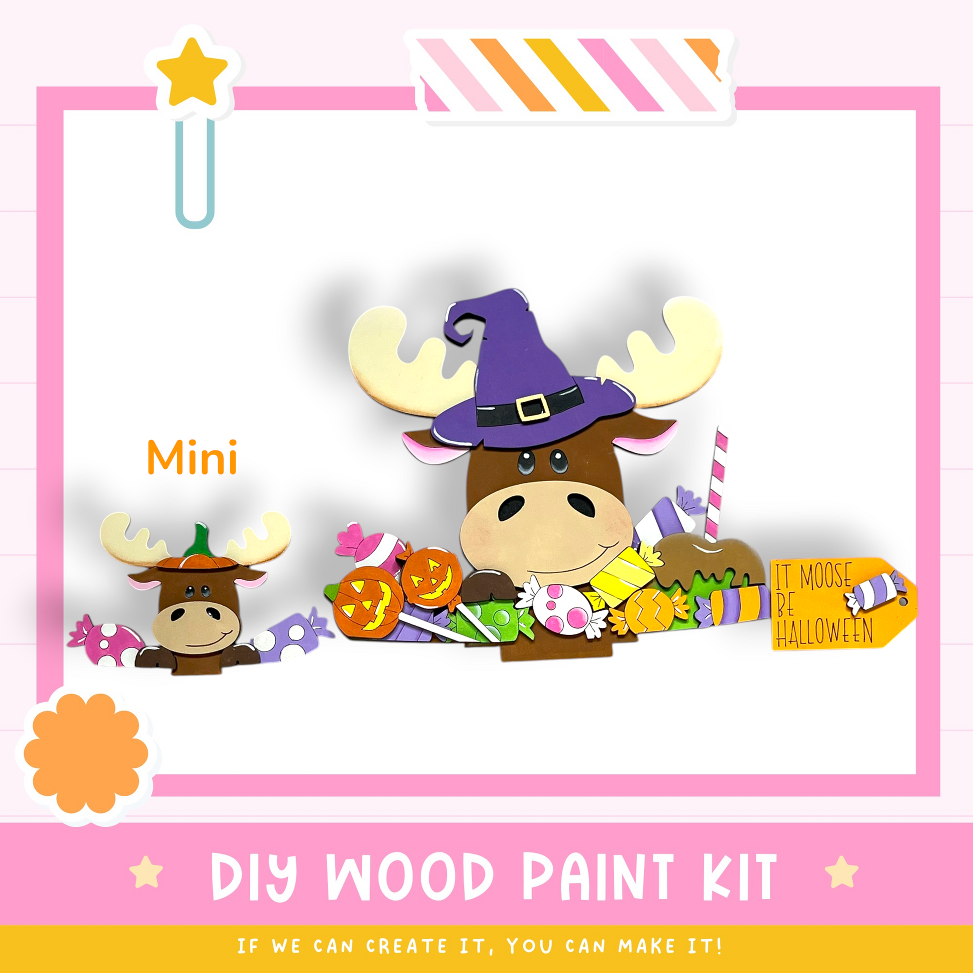 a DIY wood paint kit for creating a Halloween-themed moose decoration. The moose is wearing a witch's hat and is surrounded by various Halloween-themed items, such as pumpkins, candy canes, and a sign that says "It moose be Halloween". The kit appears to be a fun and creative project for Halloween enthusiasts.