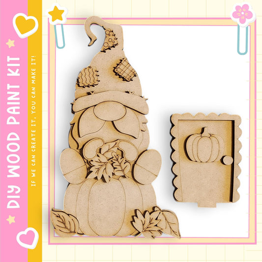 a wooden gnome and a carved pumpkin, both of which appear to be part of a DIY paint kit.