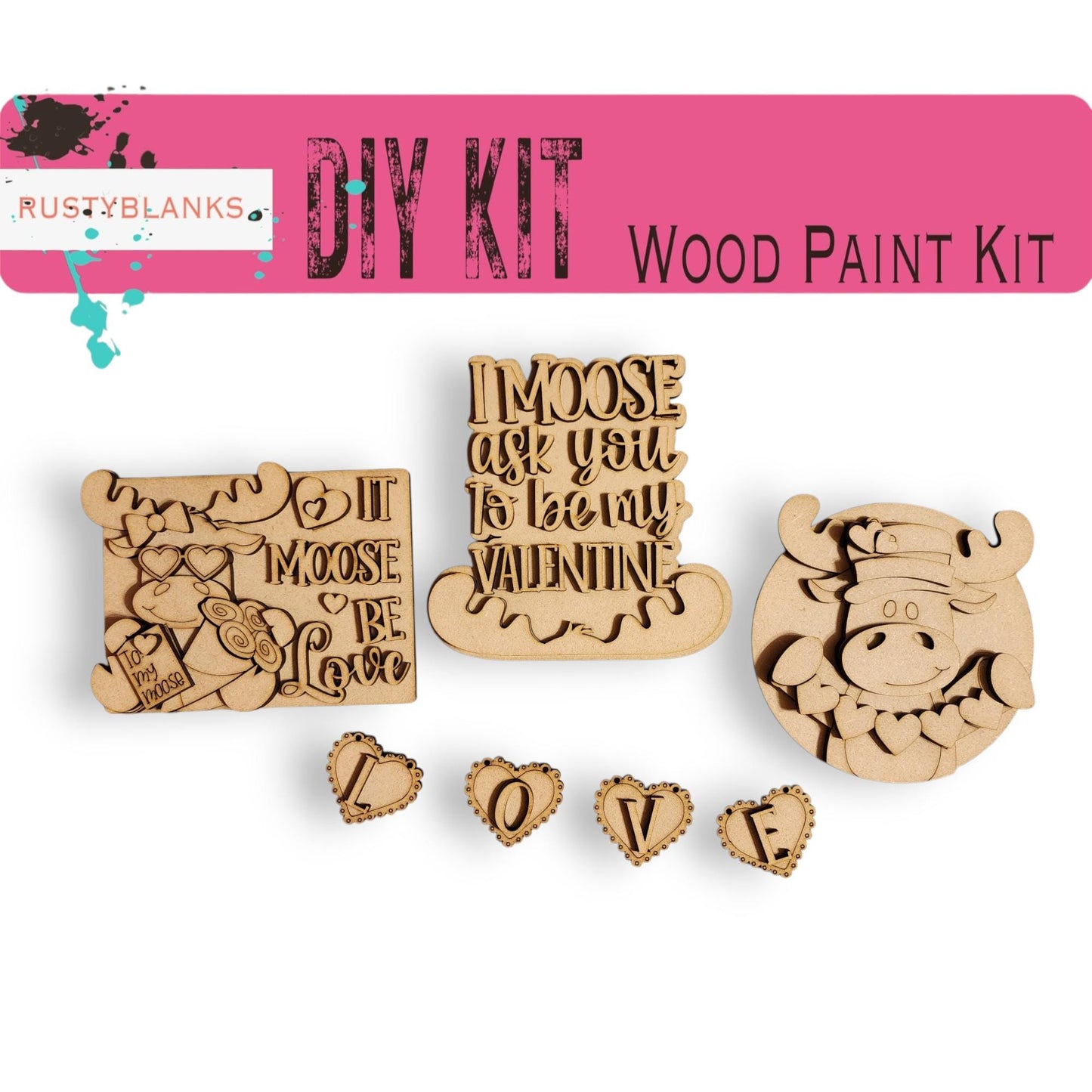 a set of wooden stamps with words and hearts