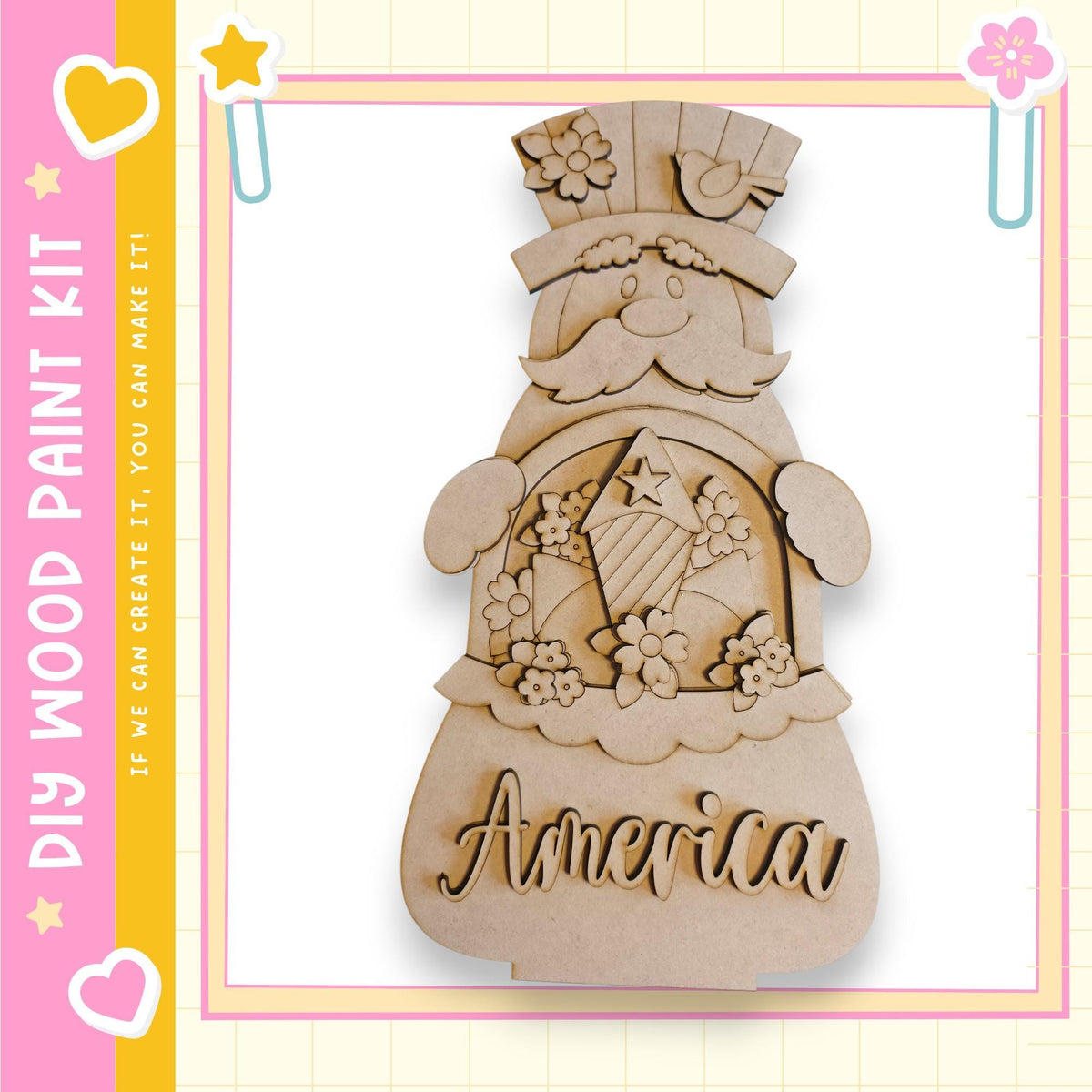 A wooden craft kit labeled "America" is displayed in the image.