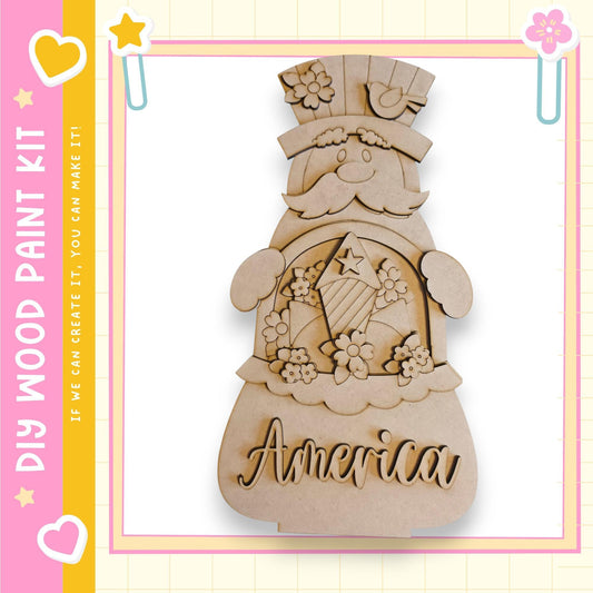 A wooden craft kit labeled "America" is displayed in the image.