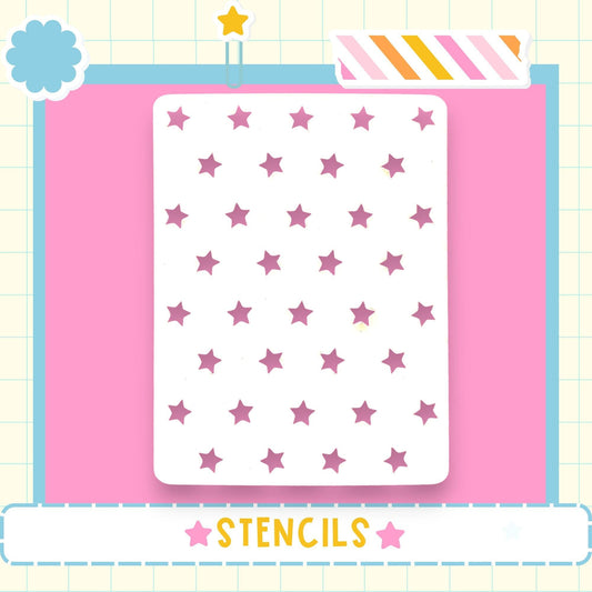 a white stencil with a pattern of pink stars on a pink background.