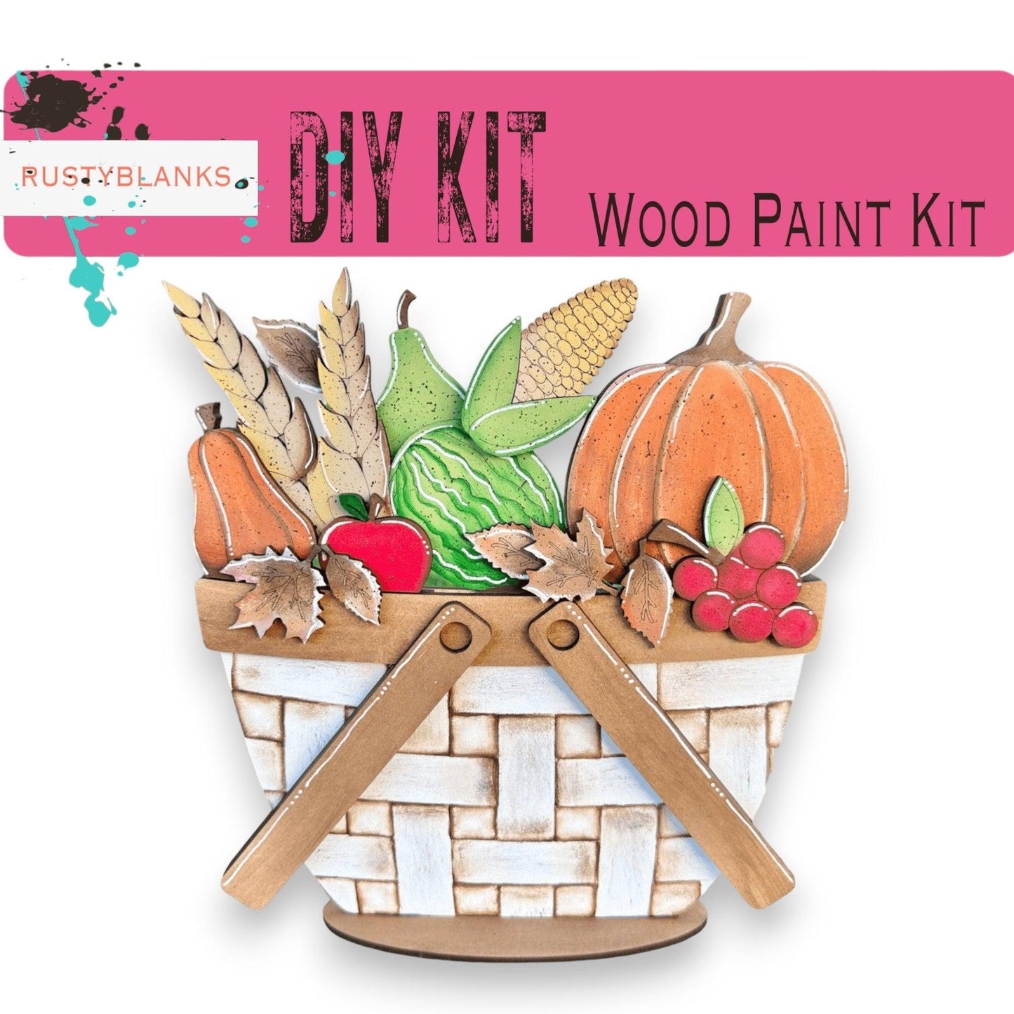 a wooden painting kit with a basket of autumn items