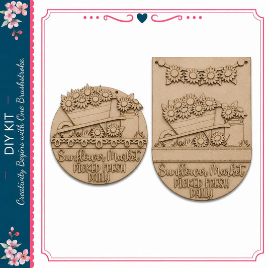 two wooden signs with floral designs, including sunflowers, arranged in a decorative manner. The signs appear to be part of a DIY kit, as indicated by the text "DIY Kit with One Brushstrokes" and "Creativity Begins with One Brushstroke".
