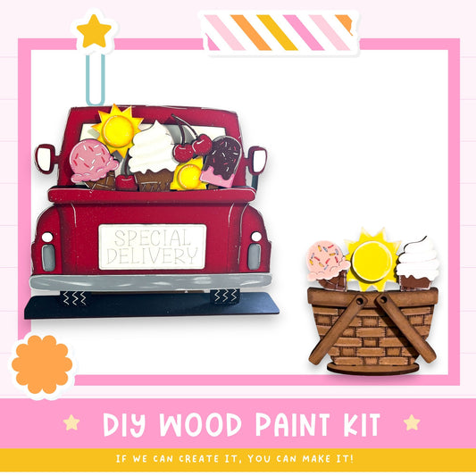 a red truck with a basket of ice cream and a sign that says "Special Delivery" on the back. The truck is decorated with various ice cream cones and scoops, creating a playful and colorful scene.