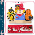 The image is a colorful illustration featuring a scarecrow, pumpkins, and a bird, with the text "Hello Autumn" displayed below.